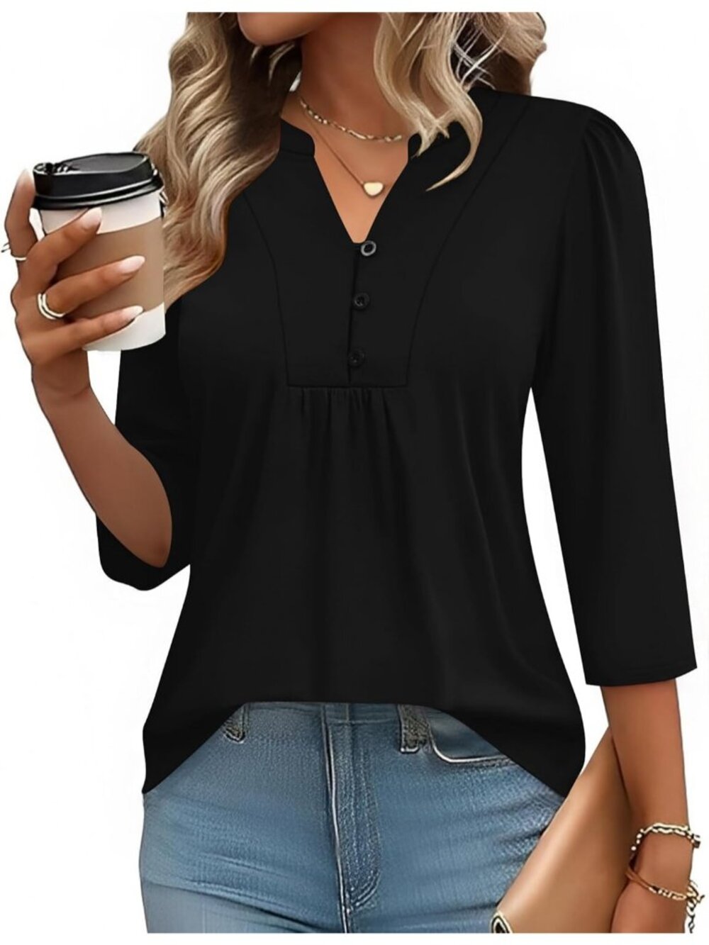 Women's Black Long Sleeve Casual Henley V-Neck Floral T-Shirts Loose Fit